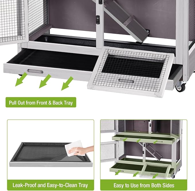 Gutinneen 2-Story Rabbit Hutch with Chew-Proof Ramp, 36" Indoor/Outdoor Rabbit Cage with 4 Casters & 2 Pull-Out Trays, Wooden Bunny Hutch Leakproof Small Animal Cage for Rabbits, Guinea Pigs-Mewly Pet