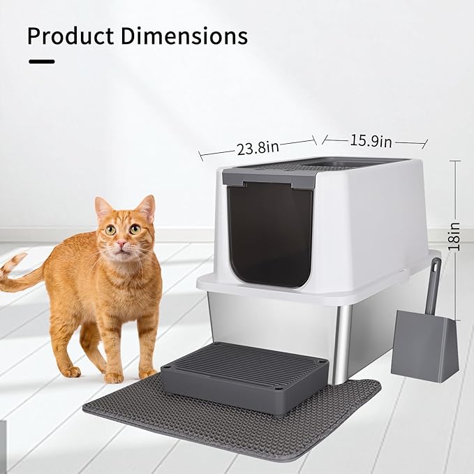 RIZZARI Stainless Steel Cat Litter Box, Odorless Enclosed Litter Box with Top Holes, Large Litter Pan for Small to Large Sized Cats (Dark Gray, 24" L*16" W*18" H)-Mewly Pet