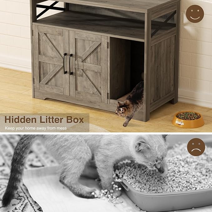 Cat Litter Box Enclosure, Hidden Litter Box Furniture with Scratch Pad, Farmhouse Indoor Cat House Washroom End Table, Grey-Mewly Pet