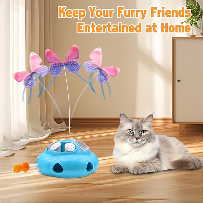 Interactive Cat Toys for Indoor Cats, 4in1 Pet Teaser Toy with Ambush Feather Wand, Motorized Fluttering Butterfly and Slow Feeder, Rechargeable Power Treat Puzzle Toy(Blue)-Mewly Pet