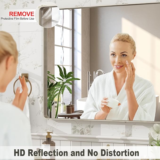 30x36 Inch Brushed Nickel Bathroom Mirror, Brushed Silver Metal Framed Wall Mirror, Rounded Corner Rectangle Modern Vanity Mirror, Tempered Glass, Anti-Rust, Shatterproof (Horizontal/Vertical)