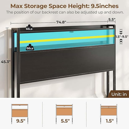 Rolanstar Headboard for King Size Bed with Storage, 60,000 DIY Color of LED Light, Head Board with USB & Type C Port, Height Adjustable, Black Cabeceras de Cama Comfortable Modern, Wood