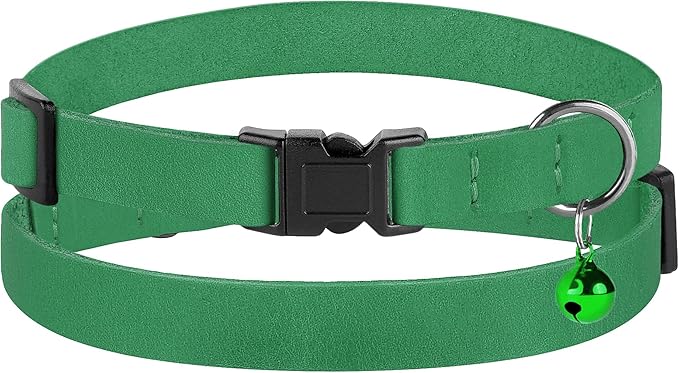 Breakaway Cat Collar Leather with Removable Bell - 13 Colors Available - Soft Adjustable Girl Boy Safety Lightweight Pet Kitten Collars Pink Brown Blue Green Red Orange Black (Green)-Mewly Pet
