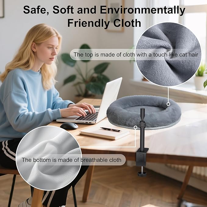 Cat Desk Bed with Summer Colling Mat, 360° Rotating & Height Adjustable Indoor Cat Nest, Large Desktop Cats Perch for Home Offcice Space Saving, Supports Up to 40 lbs, Machine Washable Removable Cover-Mewly Pet