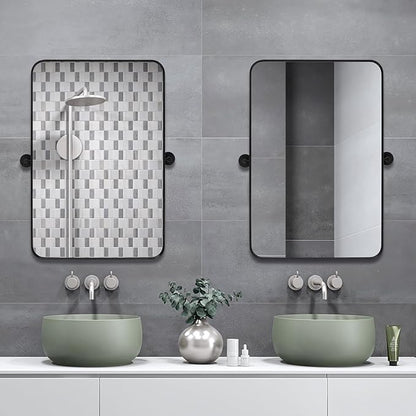 24" x 32" Pivot Rectangle Bathroom Mirror Tilting Beveled Black Metal Framed Vanity Mirrors for Wall, Tempered Glass
