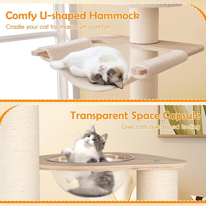 Tangkula 69” Tall Cat Tree, Multi-Layer Wood Cat Tower with Scratching Posts, Perch, Condo, Space Capsule, Hammock, Washable Cushions, Modern Cat Tree Tower for Indoor Cats Large Adult-Mewly Pet