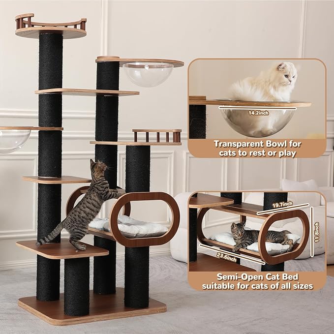 70.8'' Tall Luxury Cat Tree,All i,ne One Black Walnut Wood Modern Cat Tower for Indoor Large,Huge Multi-Level Cat Furniture with Scratching Posts,Condo,Cushion,Clear Bowl,Platform for Home Decoration-Mewly Pet