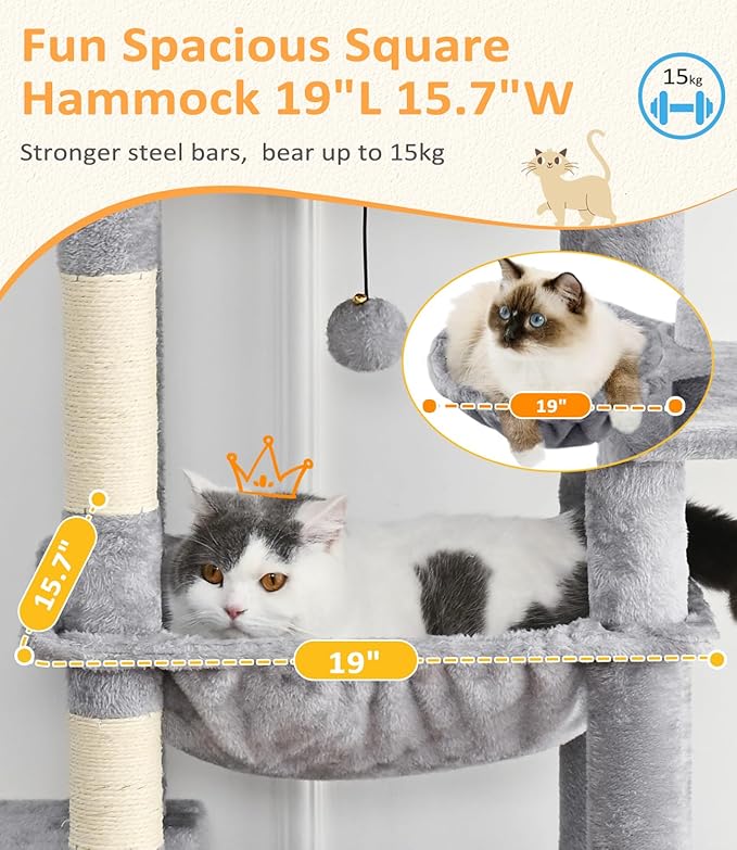 Cat Tree Large Cat Tower Tree 68" Multi-Level Cat Tower for Indoor Cats with Sisal Scratching Posts, Widen Cat Perche, Square Hammock, 2 Widen Condos, Scratching Posts, Light Grey-Mewly Pet