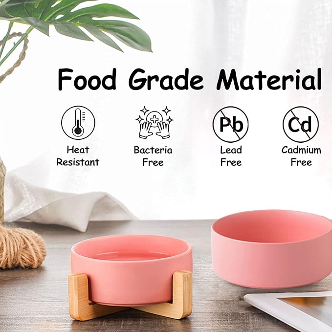 Petygooing Pink Ceramic Dog Cat Bowl Set with Stand, Pet Food and Water Dish,Medium Dog Bowls Anti Slip Set of 2 Cat Bowls Pet Food Bowl- Pet Dishes Small Medium Size Pet (28 OZ /3.6 Cups)-Mewly Pet