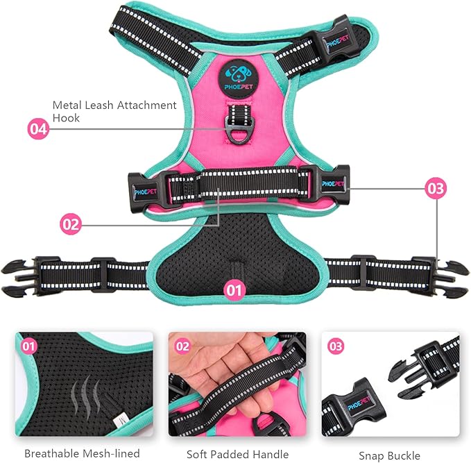 PHOEPET 2019 Upgraded No Pull Dog Harness, Reflective Adjustable Vest, with a Training Handle + 2 Metal Leash Hooks+ 3 Snap Buckles +4 Slide Buckles(M, Pink)-Mewly Pet