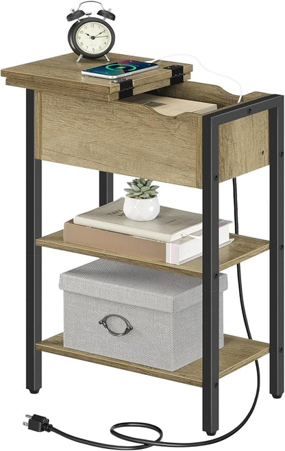 HOOBRO End Table with Charging Station, Narrow Side Table, Flip Top Nightstand with USB Ports and Outlets, Bedside Tables with Shelf for Small Spaces, Living Room, Sunwashed Ash Oak BHH341BZ01