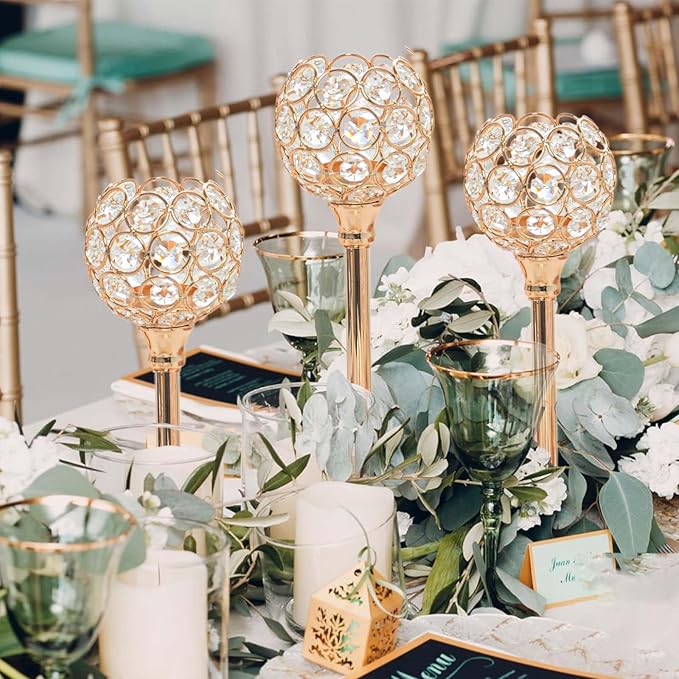 12pcs Bulk Crystal Candle Holder Set, 3 Sizes Tealight Candlestick Holders, Elegant Gold Candelabra for Wedding Table Centerpiece, Fireplace, Home & Living Room Decor