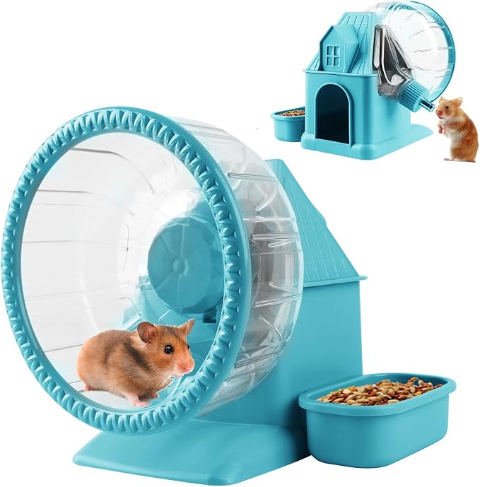 4 in 1 Silent Large Hamster Wheel Multifunctional Hamster Running Wheel Quite Running Spinner Wheel Accessories with Food Bowl Water Bottle for Hamsters Dwarf Gerbil (Blue)-Mewly Pet