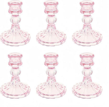 Glass Candlestick Holder,Striped Taper Candle Holders,Set of 6 Candle Stand for Table Centerpieces, Home Decor,Weddings,Festival and Parties (Pink Stripe Pattern)