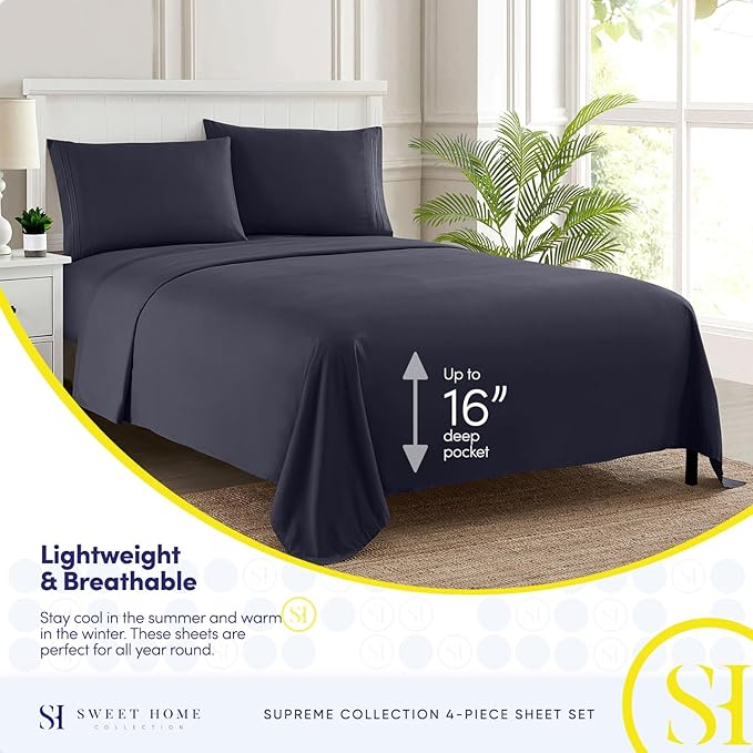 California King Sheet Sets - Breathable Luxury Sheets with Full Elastic & Secure Corner Straps Built In - 1800 Supreme Collection Cal King Deep Pocket Bedding Set, Sheet Set, California King, Navy
