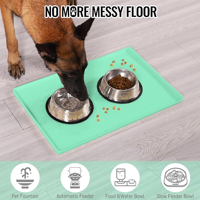 MateeyLife Dog & Cat Food Mat - Waterproof, Nonslip, Raised Edges, Silicone Tray for Messy Drinkers, 24"x16", Mint Green-Mewly Pet