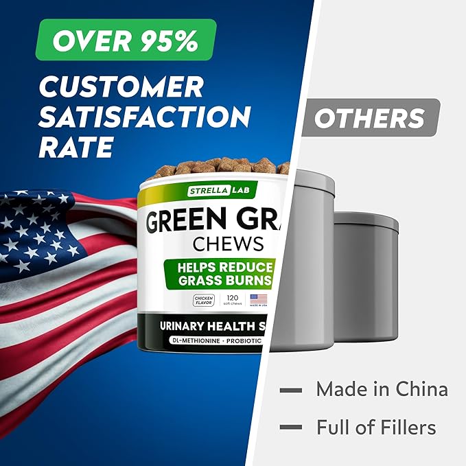 STRELLALAB Green Grass Dog Chews - Dog Pee Grass Helper - Supplement Urine Neutralizer for Grass Burn Spots - Grass Treatment for Pet Urine - Pee Lawn Repair Treats with Probiotics - Made in USA-Mewly Pet