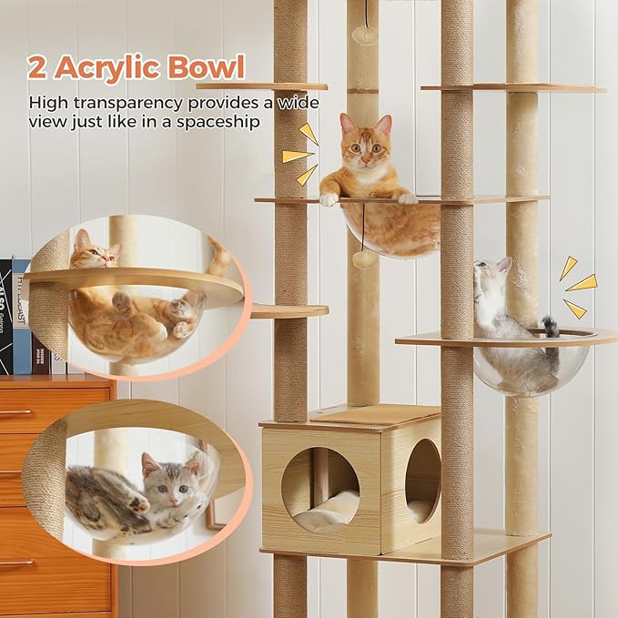 71" Tall Wood Cat Tree for Large Cats, Modern Cat Tower with 2 Acrylic Bowls, Large Top Perch, Spacious Cat Cave (Soft Cushion Included), 10 Sisal Scratching Posts and Non-Slip Jump Platforms-Mewly Pet