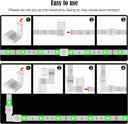JACKYLED L Shape 8mm 4-Pin LED Strip Connectors 10-Pack Total 32pcs, Unwired Solderless LED Light Connectors for 8mm Wide 4-Pin Strip Lights - 8mm 4pin 10 Pack