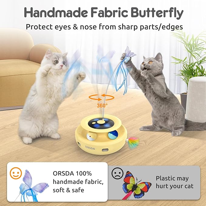 ORSDA Cat Toy, 3-in-1 Automatic Interactive Electronic Moving Ambush Feather, Fluttering Butterfly, Track Balls, USB Rechargeable Powered Smart Indoor Exercise Kicker-Mewly Pet