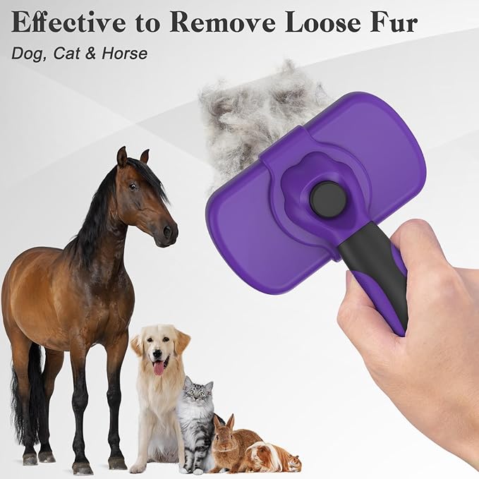 Self Cleaning Cat & Dog Grooming Brush - Skin Friendly Deshedding Hair Brush for Haired Dogs & Puppies, Purple-Mewly Pet