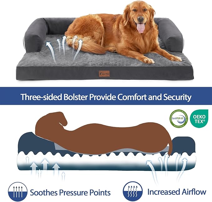 Orthopedic Dog Beds for Large Dogs, Waterproof Dogs Beds, Memory Foam Dog Couch Beds, Comfy Bolster Pet Beds with Removable Washable Cover, Nonskid Bottom (Large, Dark Grey)-Mewly Pet