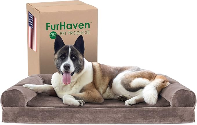 Furhaven Cooling Gel Dog Bed for Large Dogs w/ Removable Bolsters & Washable Cover, For Dogs Up to 95 lbs - Faux Fur & Velvet Sofa - Driftwood Brown, Jumbo/XL-Mewly Pet
