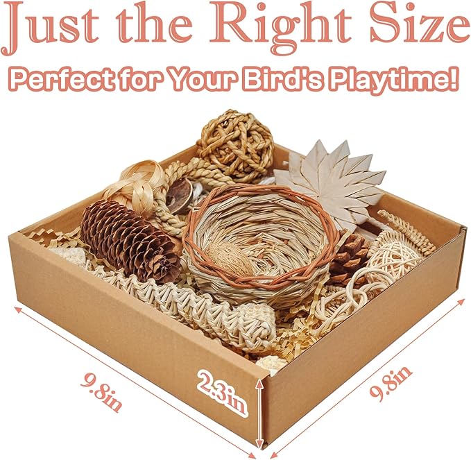 Natural Bird Foraging & Shredding Toys Box - Handmade Rattan Chewing Toys for Parakeets, Cockatiels, Conures, Lovebirds & Small to Medium Birds-Mewly Pet