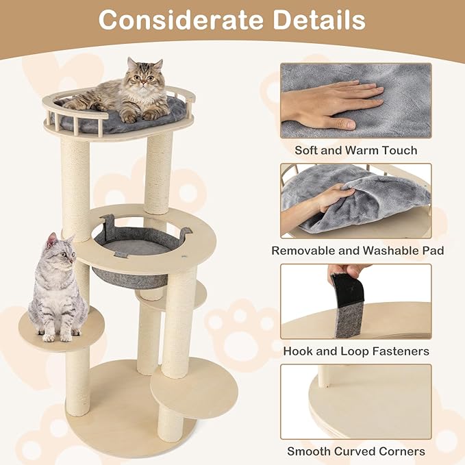 Tangkula Wood Cat Tree, 59 Inch Multi-Level Cat Tower with Top Padded Perch, Hammock, 3 Platforms & Sisal Scratching Posts, Large Modern Cat Tree Tower for Indoor Cats Kittens (59 Inch)-Mewly Pet