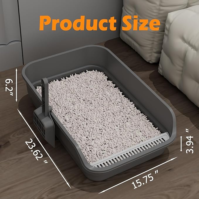 Extea Large Cat Litter Box with High Sides,Cat Boxes for Indoor Cats,Cat Litter Pan for Kitty,Litter Box with Low Entry,Easy to Clean,Anti-Splashing,23.6" x15.7" x6.2" (Grey)-Mewly Pet