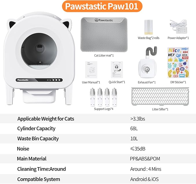 Self Cleaning Litter Box, 68 L Automatic Cat Litter Box for Multiple Cats, Robot with Dual Safety Protection, APP Control, Odor Removal Smart Litter Boxes, 2 Roll Trash Bags-Mewly Pet