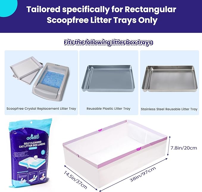 12 Count Litter Box Liners, Waste Bags Compatible with Pet-safe ScoopFree Self-Cleaning Litter Box Tray, Drawstring Litter Bags for Reusable Tray, Pre-Separated (38"L x 14.5"W x 7.8"H)-Mewly Pet