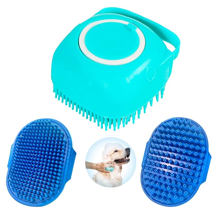 Dog Grooming Brush, Lilpep Pet Shampoo Bath Brush Soothing Massage Rubber Comb with Adjustable Ring Handle for Long Short Haired Dogs and Cats (Blue, set)-Mewly Pet