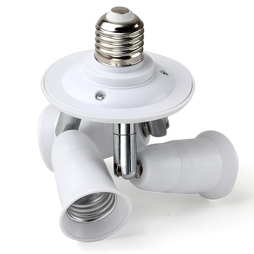 3-in-1 Light Socket Extender, E26/E27 to 3 Bulb Adapter with Adjustable Arms, 360° Rotatable for Ceiling Fan/Lamp Holder, UL Listed, Extension Splitter Without Power Switch(White)