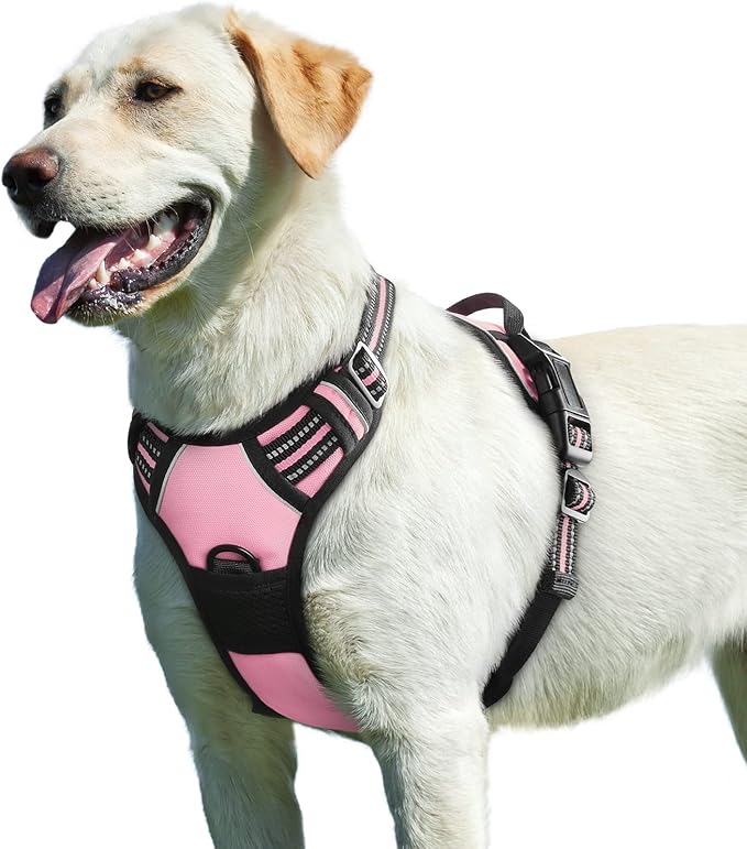 Eagloo Dog Harness for Large Dogs, No Pull Service Vest with Reflective Strips and Control Handle, Adjustable and Comfortable for Walking, No Choke Pet Harness with 2 Metal Rings, Pink, L-Mewly Pet