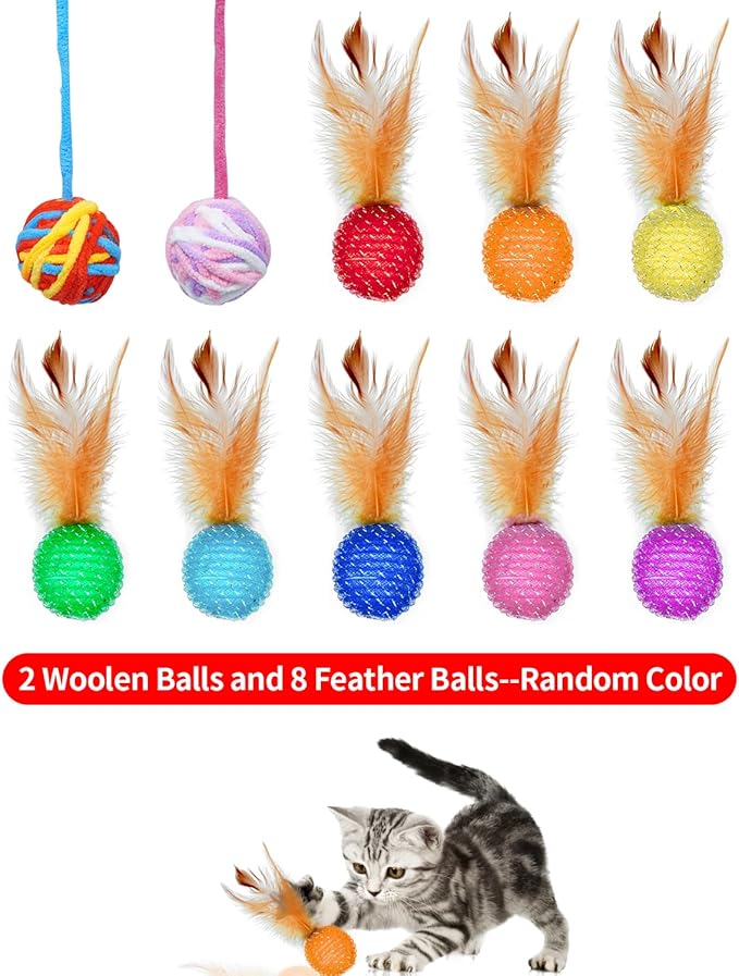 PET SHOW 10 Pack Cat Toys - Woolen Yarn Cat Balls, Interactive Mesh Feather Ball, String Toy for Indoor Cats, Chase Training Activity for Kittens-Mewly Pet