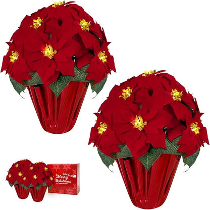 2 Pack 18" Lighted Large Artificial Poinsettias for Outdoors LED Poinsettia Flowers Artificial Faux Poinsettia Plants Poinsettia Christmas Decorations for Office Home Kitchen Decor (Red Paper)