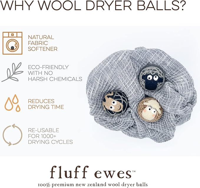 Fluff Ewes Wool Dryer Balls 3 Pack Premium New Zealand Wool Laundry Balls for Dryer, No Static Dryer Balls Laundry Reusable Cute - XL Wool Dryer Balls Cute, Baby Dryer Balls for Dryers - Darks-Mewly Pet
