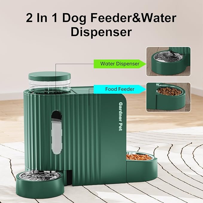 Gardner Pet Automatic Gravity Pet Feeder, 0.8 Gallons*2 Dog Feeder and Water Dispenser Set 100% BPA-Free, 2-in-1 Gravity Feeder with Stainless Steel Bowl for Dogs, Cats, Rabbits, Puppies (Green)-Mewly Pet
