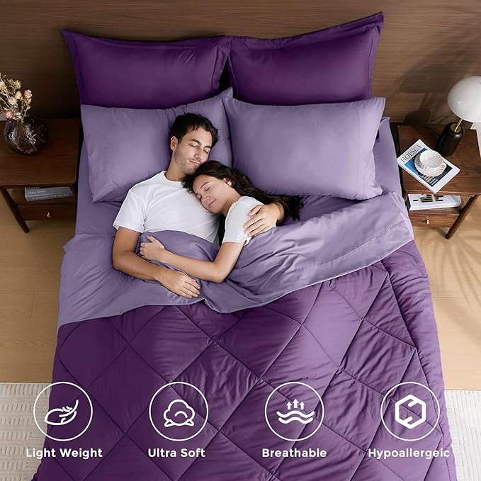 HEVUMYI Purple & Light Purple King Comforter Set - 7-Piece All Season Bed in a Bag King, Ultra Soft Bedding Set with Comforter, Flat Sheet, Fitted Sheet, Pillowcases, Pillow Shams