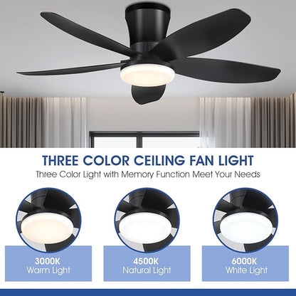 Ceiling Fans with Lights-36 Low Profile Ceiling Fan with Light and Remote/APP Control,Flush Mount,DC Reversible,LED Dimmable Blakc Ceiling Fans for Bedroom,Indoor/Outdoor Patio Use