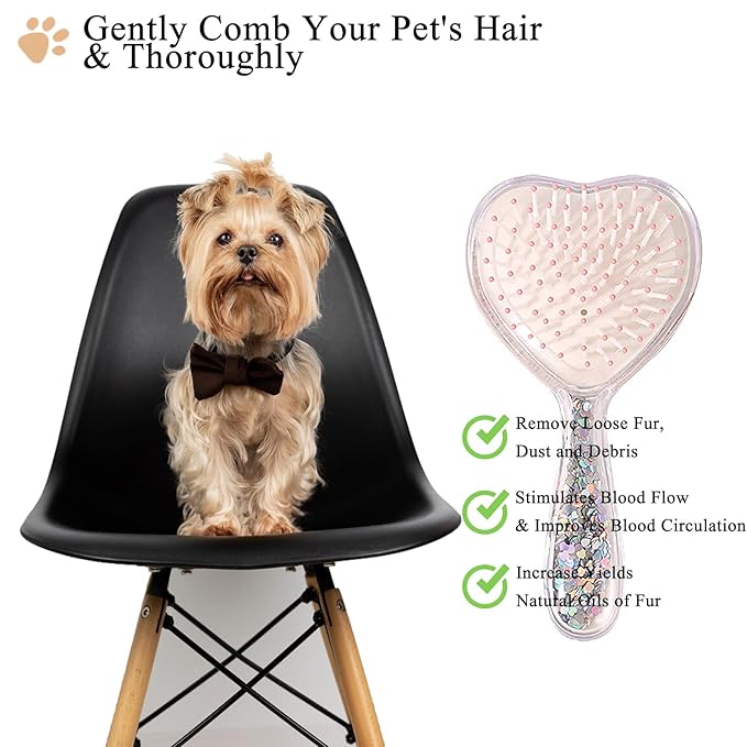 Small Dog Brush, Soft Brush for Shih Tzus, Yorkies, Maltipoos, Maltese, Love Shape Puppy Massaging Hair Comb for Small Dogs Cats Rabbits of All Hair Types (Glitter Pink)-Mewly Pet