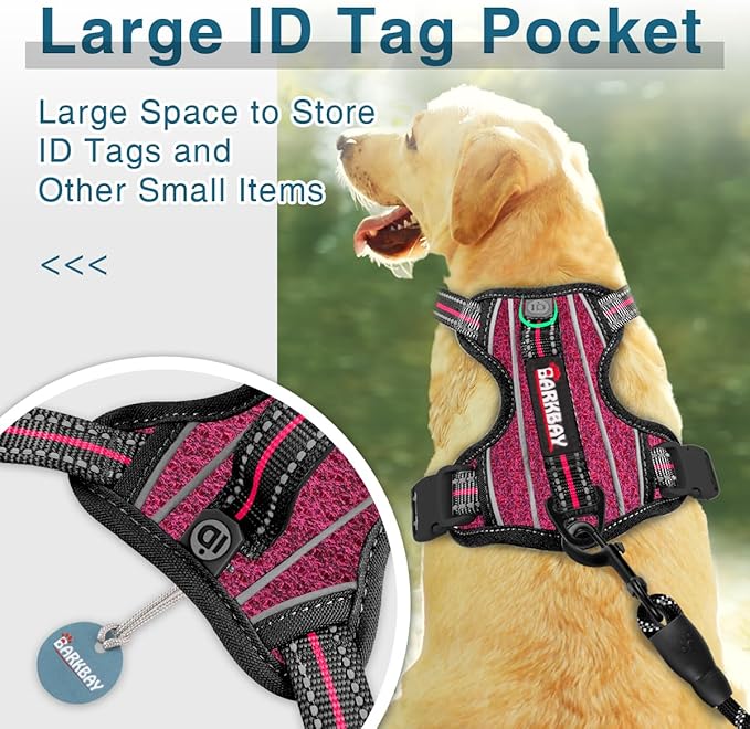 BARKBAY Dog Harness No Pull with ID Tag Pocket - Heavy Duty, Reflective, Easy Control for Large Dogs(Pink/Black,XL)-Mewly Pet