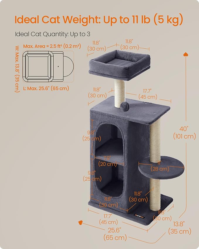 Feandrea Cat Tree Tower with 2 Caves for Multi-Cat Households, Kittens, Scratching Posts, Dark Gray UPCT005G02-Mewly Pet