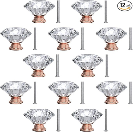 12-Pack Crystal Glass Cabinet Knobs for Home Decor, Vanity Drawers, Desks, Wardrobe Doors, Standard Screws Easy Installation for Home Refurbishment and Redecoration (Clear Crystal, 30mm, Pink Base)