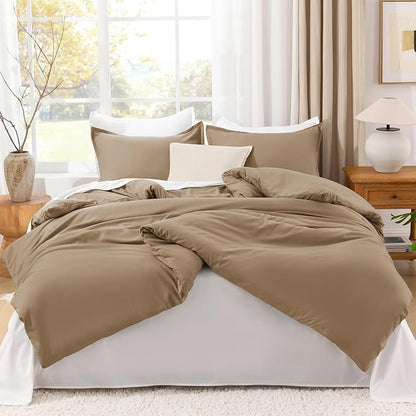 Litanika Taupe Comforter Set Full Size, 3 Pieces Solid Bedding Comforter Set, All Season Fluffy Bed Set (79x90In Comforter & 2 Pillowcases)
