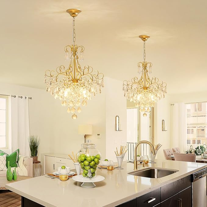 WUZUPS Crystal Chandelier 5-Light Pendant Ceiling Light Modern Lighting Fixture for Dining Room Hallway Bedroom Kitchen Bathroom, H 22.4" x W 18.3", E12 Base, Gold