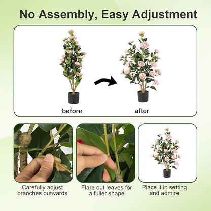 Artificial Camellia Tree 2 Pack, 36’’ Faux Camellia Plant in Pot with Pink Flowers, Greenery Potted Plant for Indoor Outdoor Office Home Porch Decor, Pink