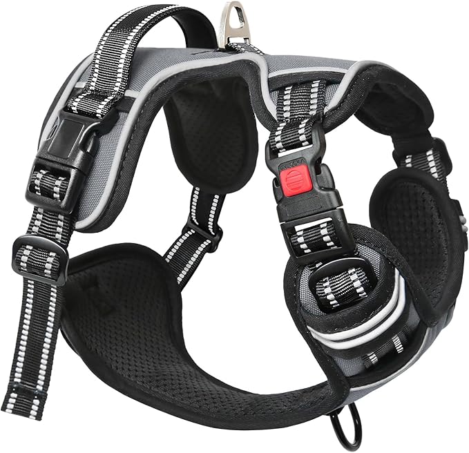 Timos Dog Harness Small Sized, No Pull with Neck Lockable Snap,No Choke Front Clip Dog Reflective Harness,Adjustable Metal Rings 3 Buckles,Easy Control Handle for Small Dogs Gray S-Mewly Pet
