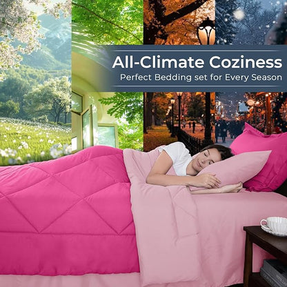HEVUMYI Hot Pink & Baby Pink Cali-King Comforter Set - 7-Piece All Season Bed in a Bag Cali-King, Ultra Soft Bedding Set with Comforter, Flat Sheet, Fitted Sheet, Pillowcases, Pillow Shams